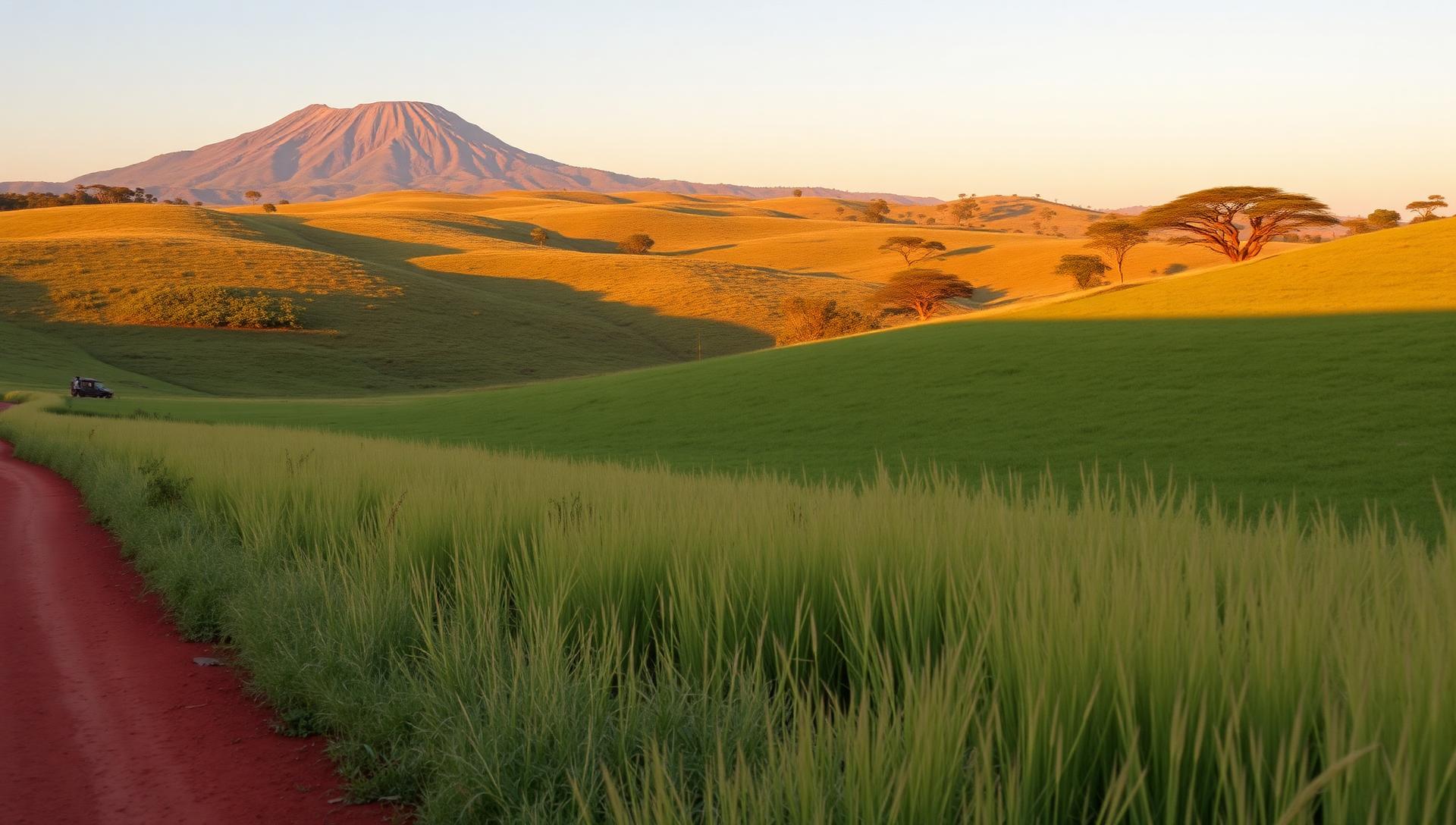 Malawi landscape at golden hour with Mount Mulanje in the distance